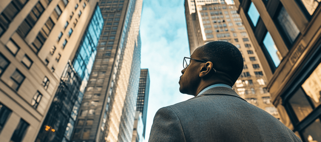 A business owner standing on the street looking at buildings of the top merchant processing companies