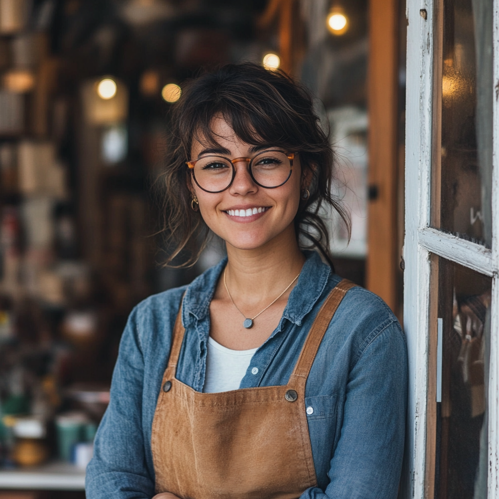 A female small business owner standing in front of her business