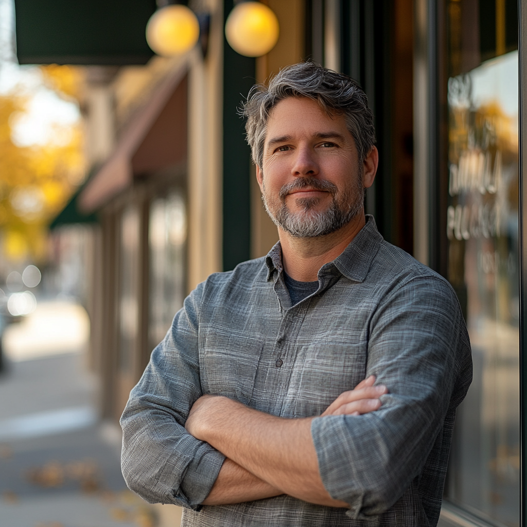 A male small business owner standing in front of a building