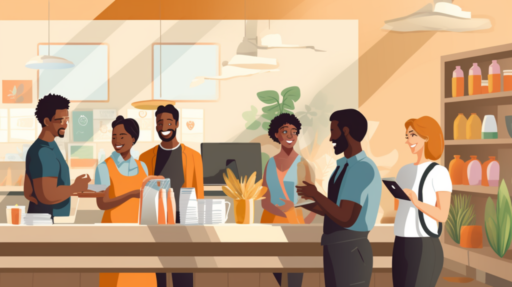 A graphic of a group of people using merchant services at a coffee shop