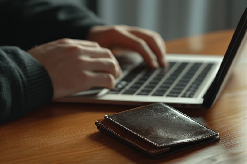 A business owner on a laptop next to their wallet as they set up their business for online credit card processing