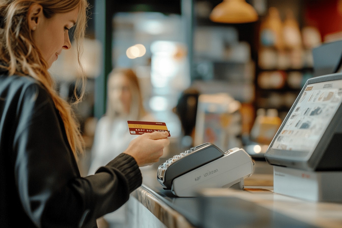 Alt Text: A customer paying at a point of sale from a top merchant services company