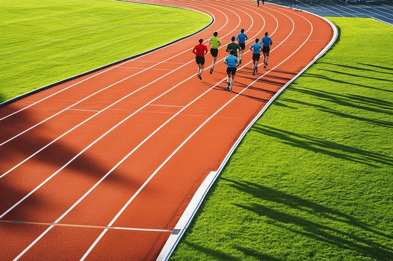 A group of runners on an outdoor track, representing businesses staying competitive