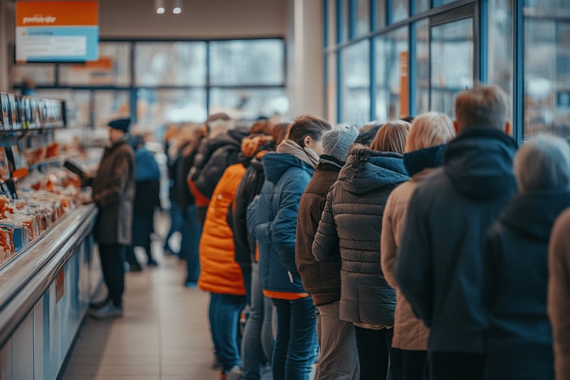 A long line of customers in a store, representing high revenue through online payments