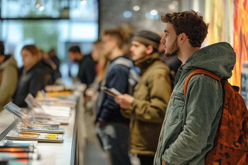 A long line of customers waiting to check out in a popular store