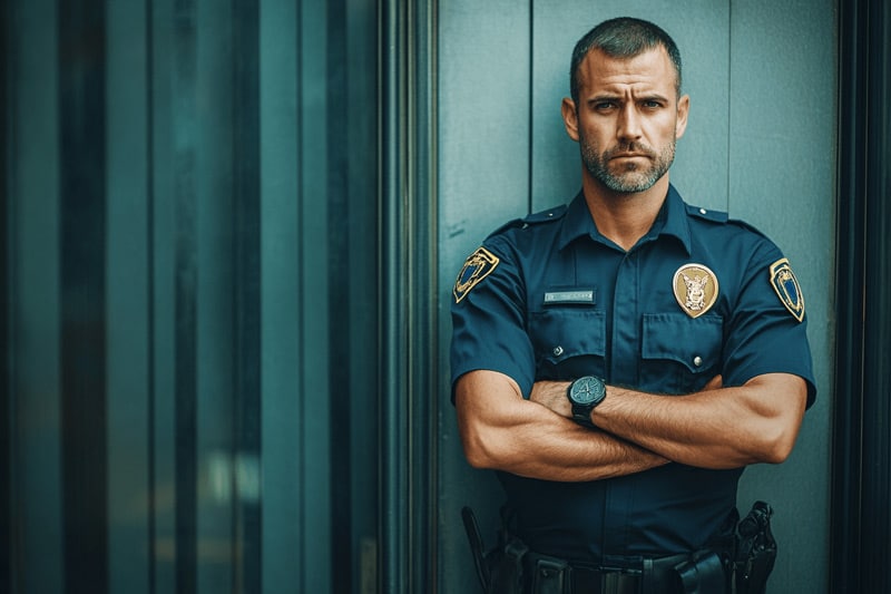 A tough security guard at the front door of a store, representing strong security for online payments