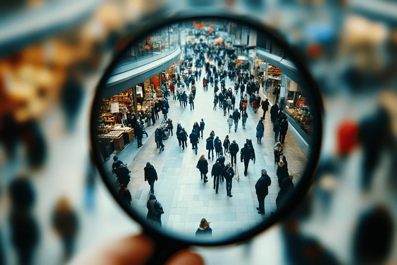 A view of a crowd of customers through a magnifying glass