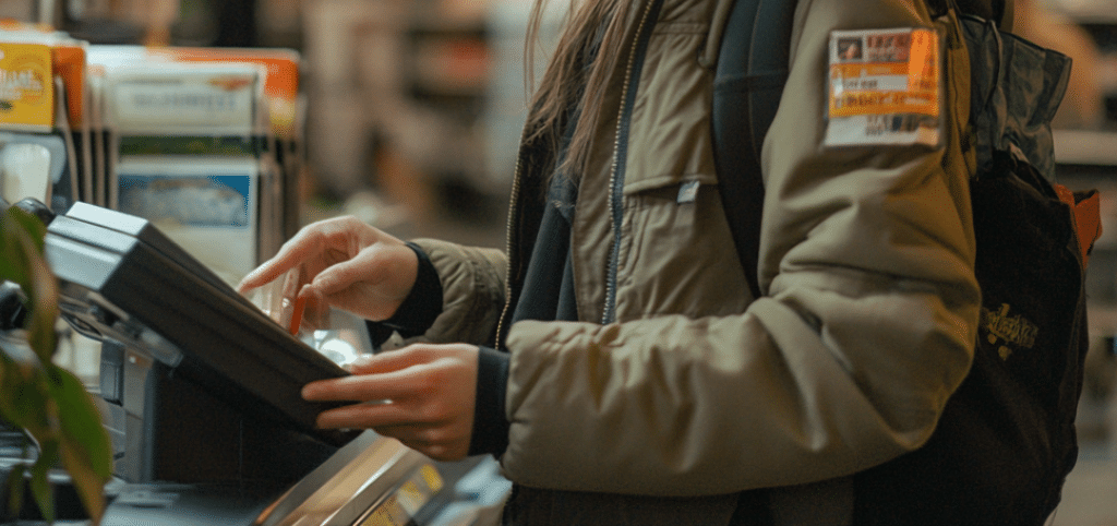 A woman checking out using a card