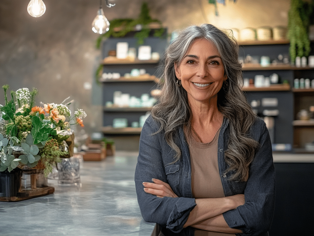 A woman standing at the front of a business counter