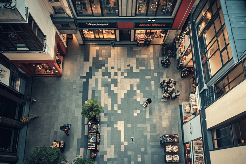 An overhead view of an outdoor shopping square representing the possibility of expansion for a business