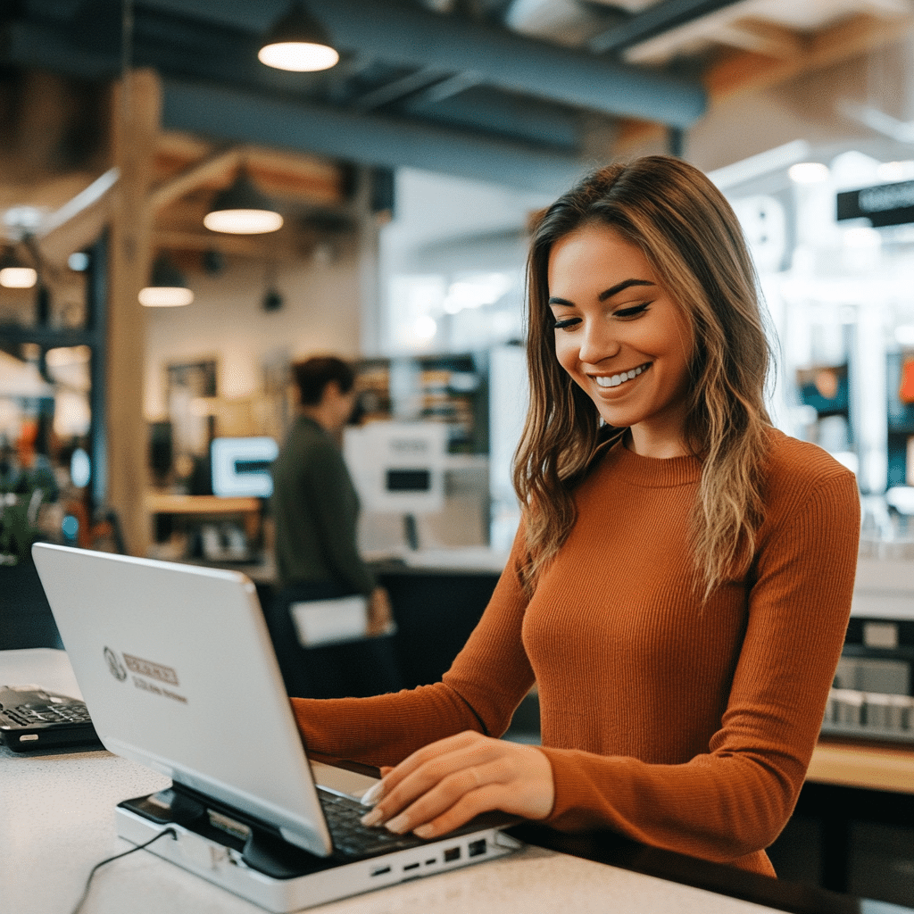 A woman setting up her online merchant services on a computer