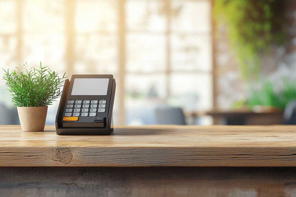 A credit card POS on top of a brightly lit front desk