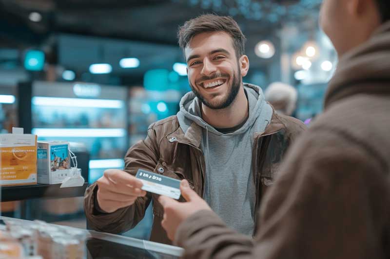 A happy customer paying with their credit card at a credit card POS