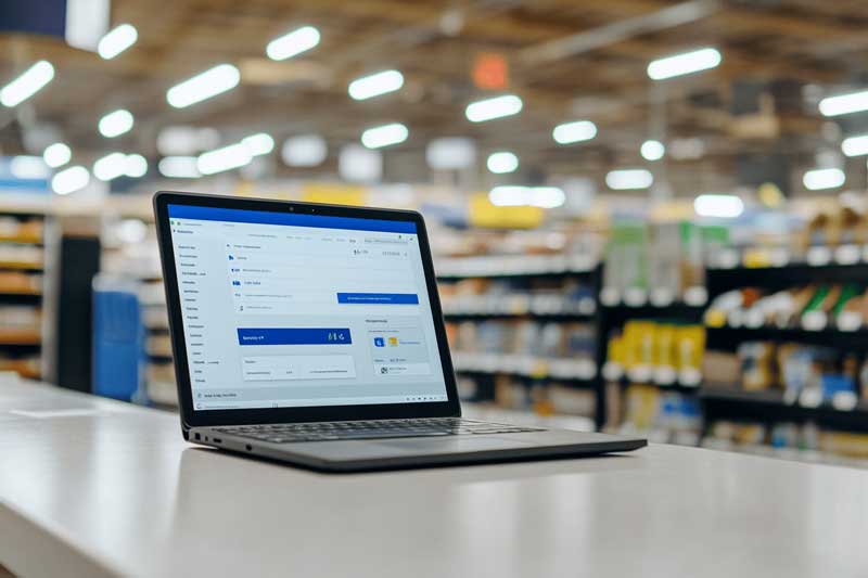 A laptop on a store counter with a checkout page on the screen enabled by online payment gateways