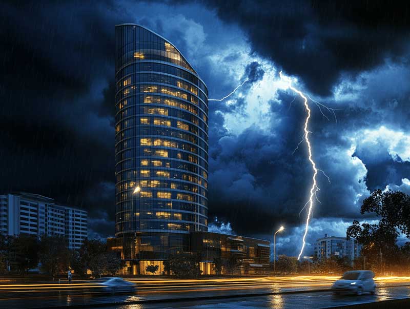 A lightning strike near an office building during a storm