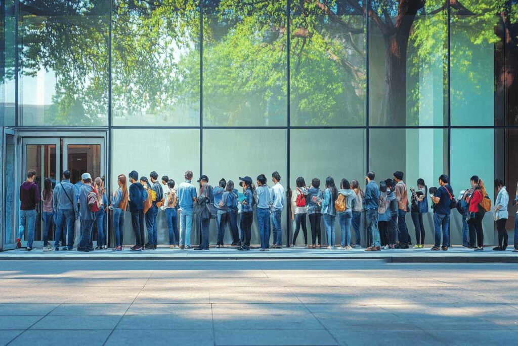 A long line of customers outside a store elevated by payment processing solutions