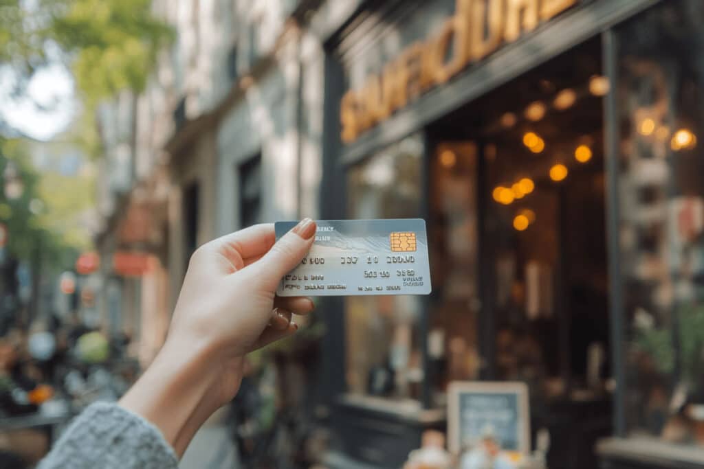 A person holding up their credit card toward the storefront of a small business