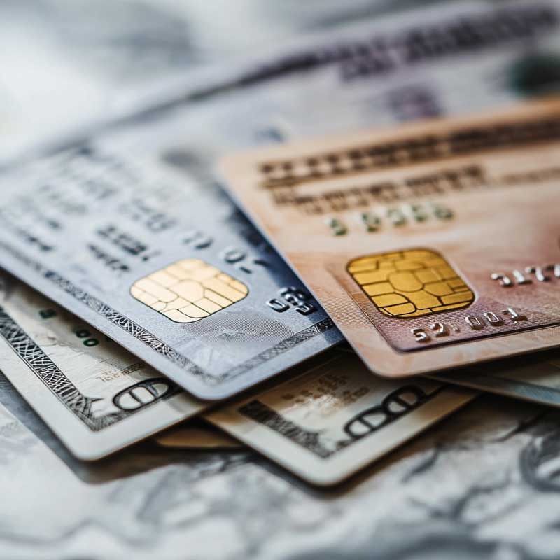 A stack of credit cards and money sitting on a counter