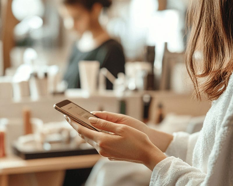 Customer paying with smartphone while sitting down at a beauty salon.