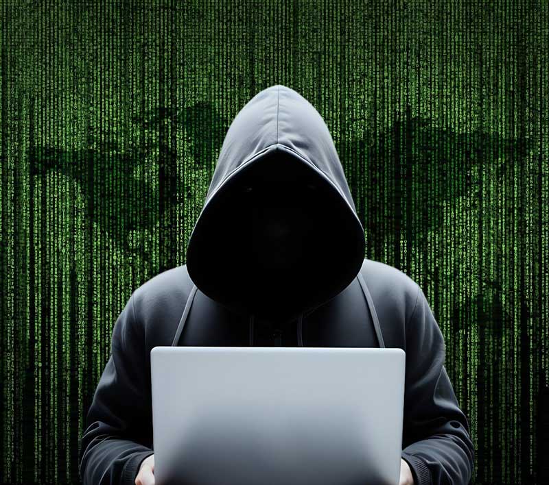 A hacker in a hoodie covering their face while sitting in front of a computer screen with code in the background.