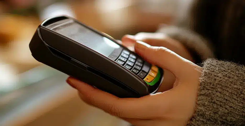 a merchant holding their payment terminal