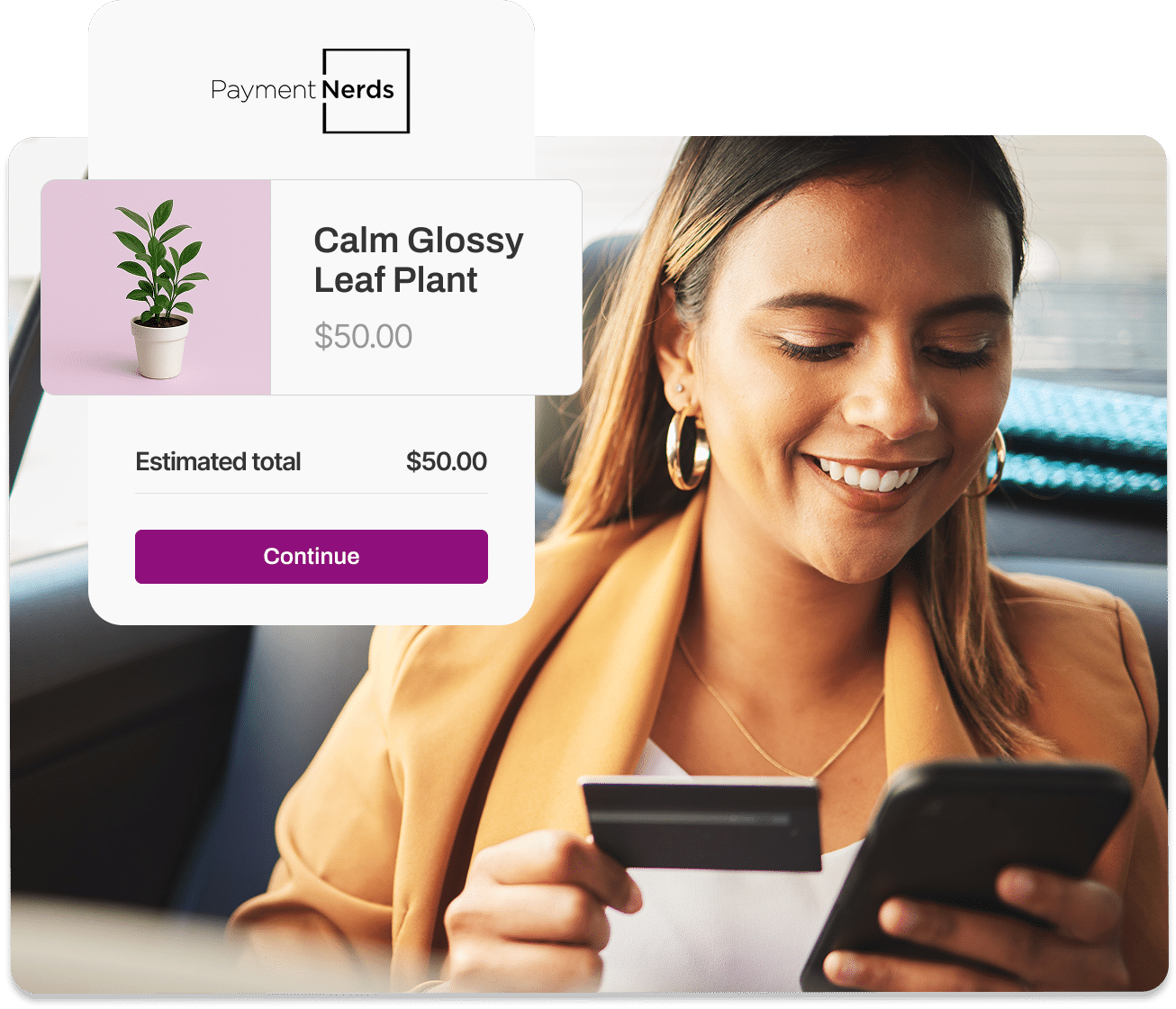 Woman using credit card and phone to purchase plant