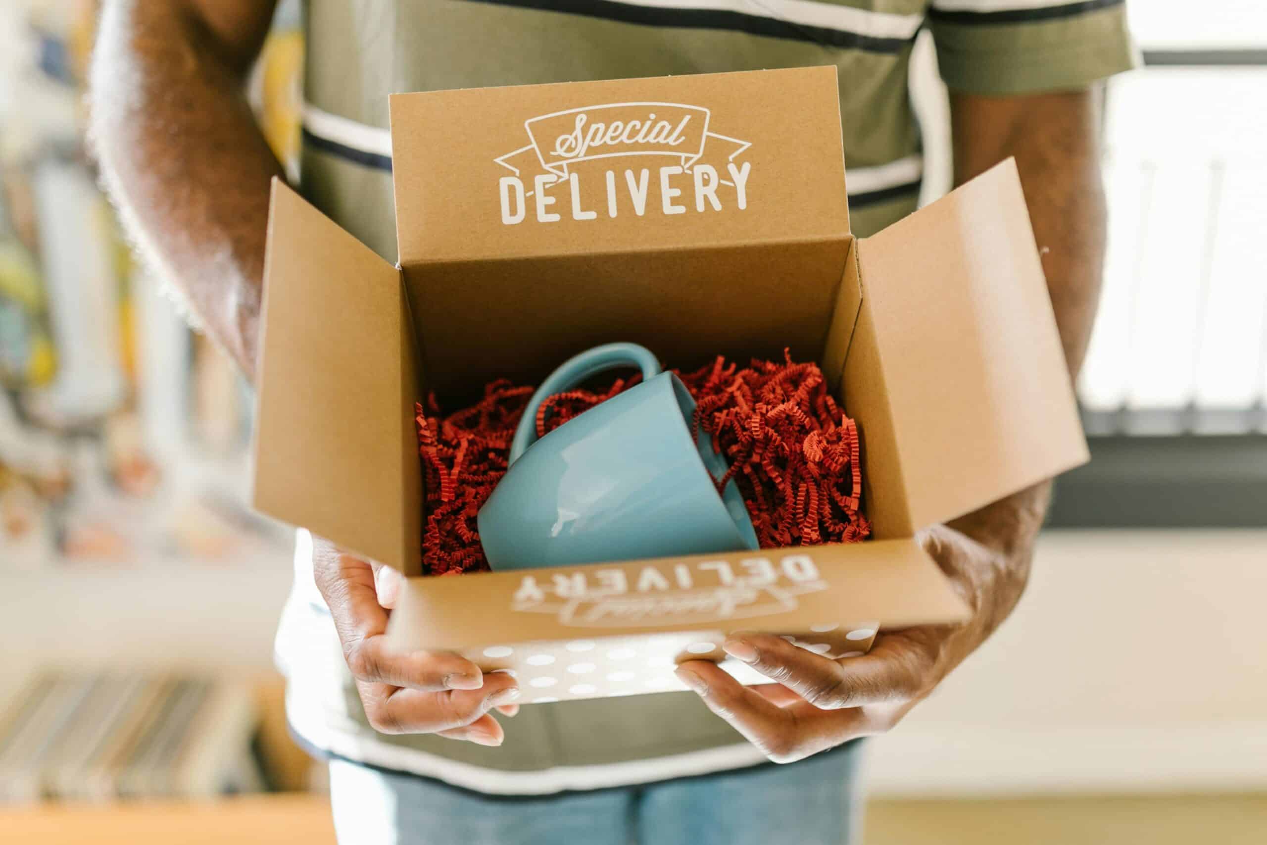 Person holding box with mug in it