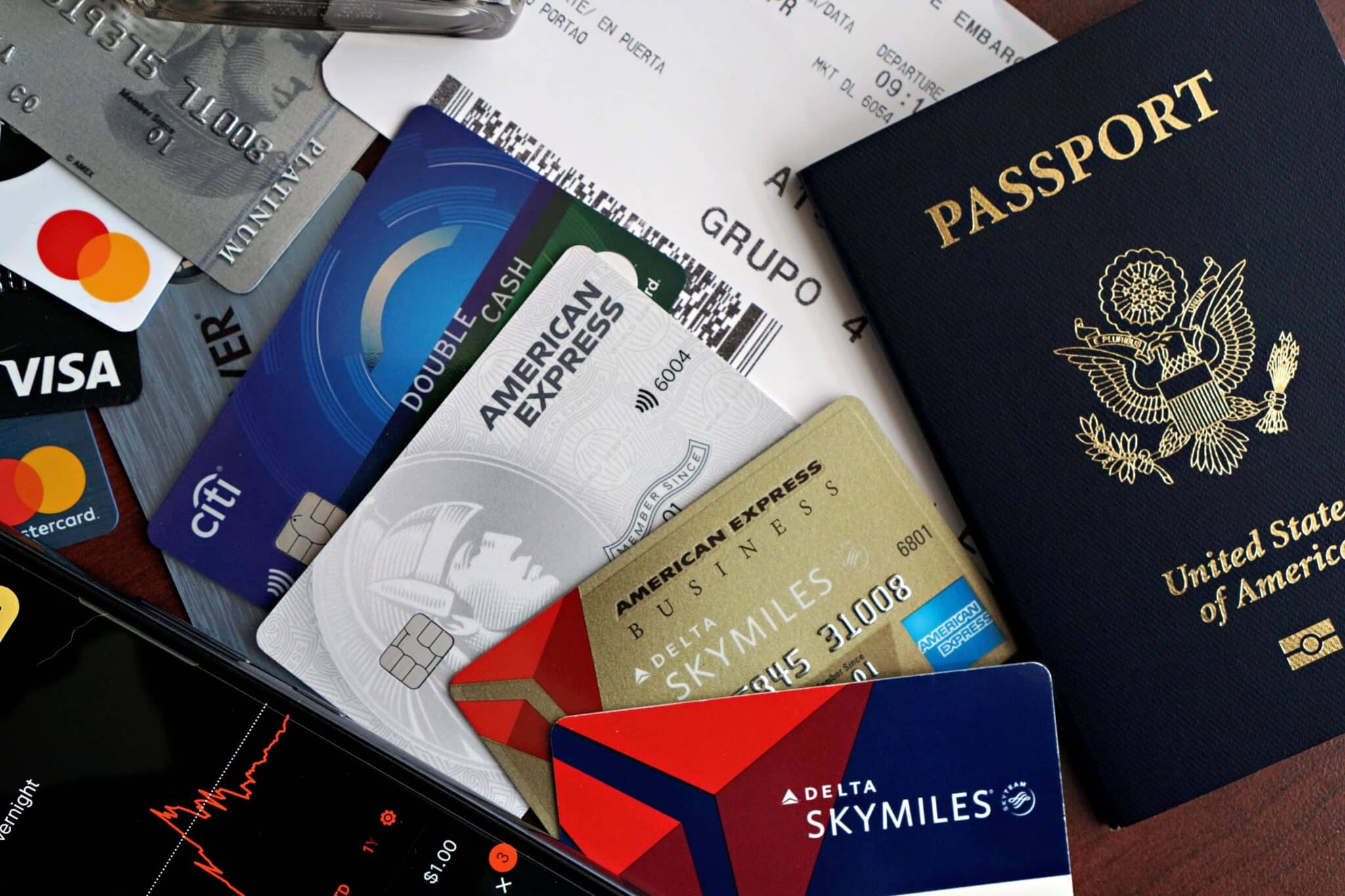 Overhead view of credit cards, plane ticket, and a passport.