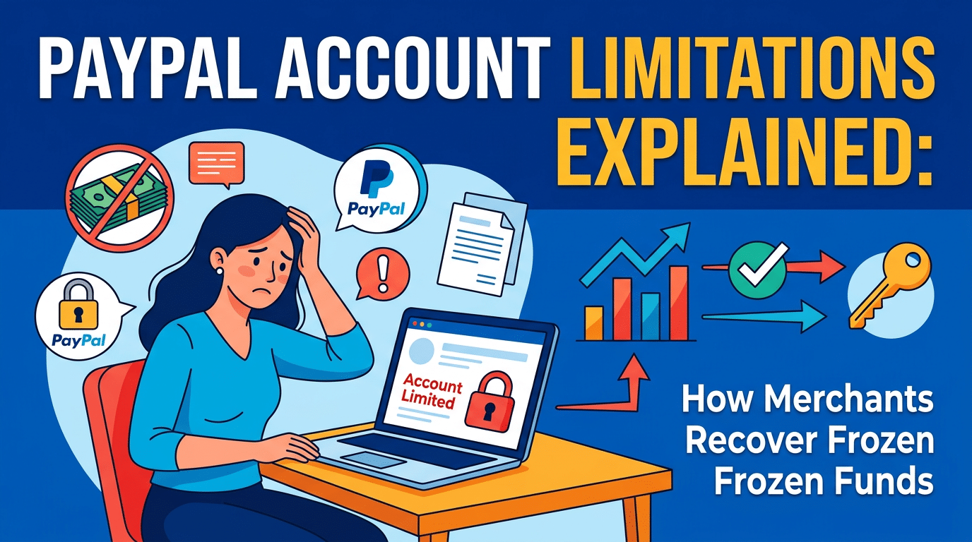 paypal account limitations woman at computer with frozen funds planning business