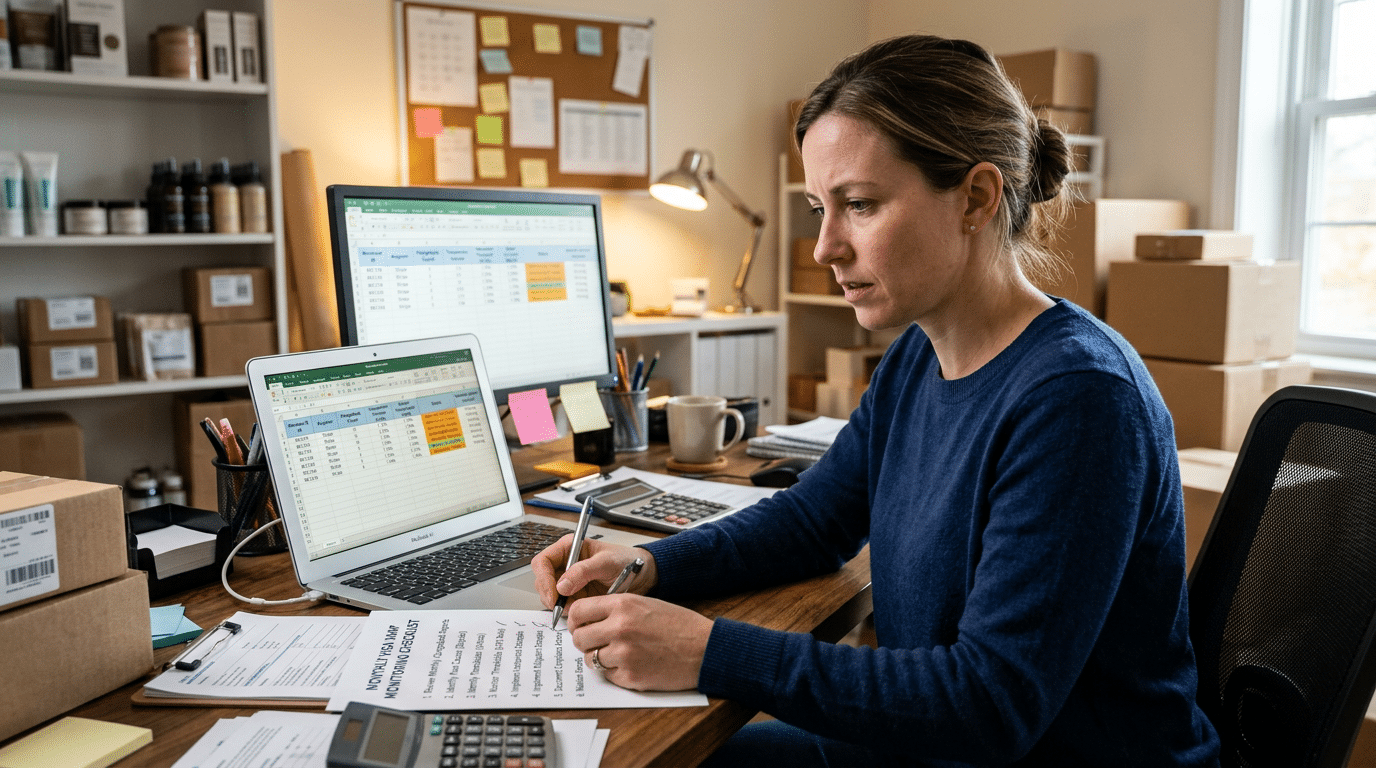 VAMP Monitoring Checklist on desk with woman using computer to monitor her business