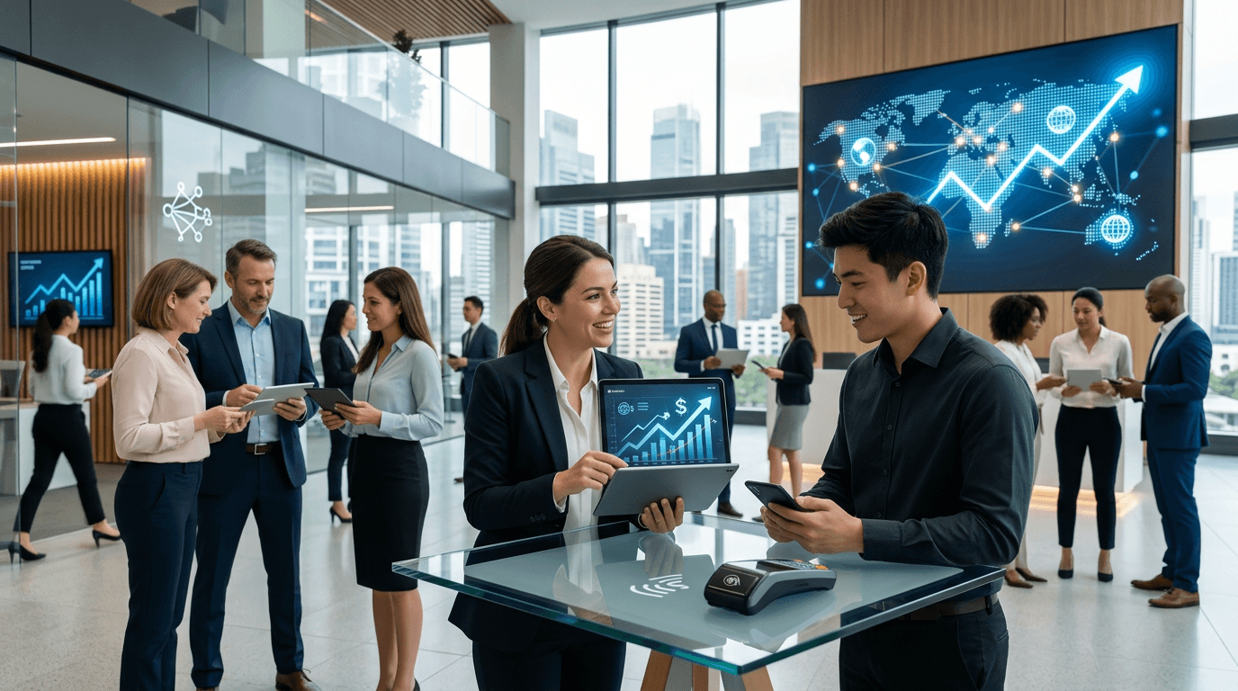 Man and a woman at a MLM marketing event looking at payment processing options.
