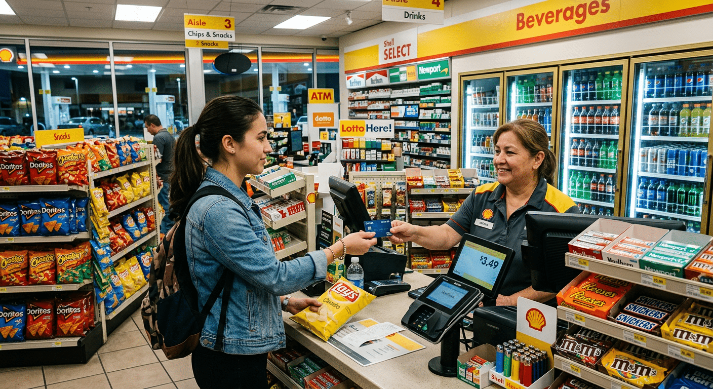 a woman checking out at a convenience store