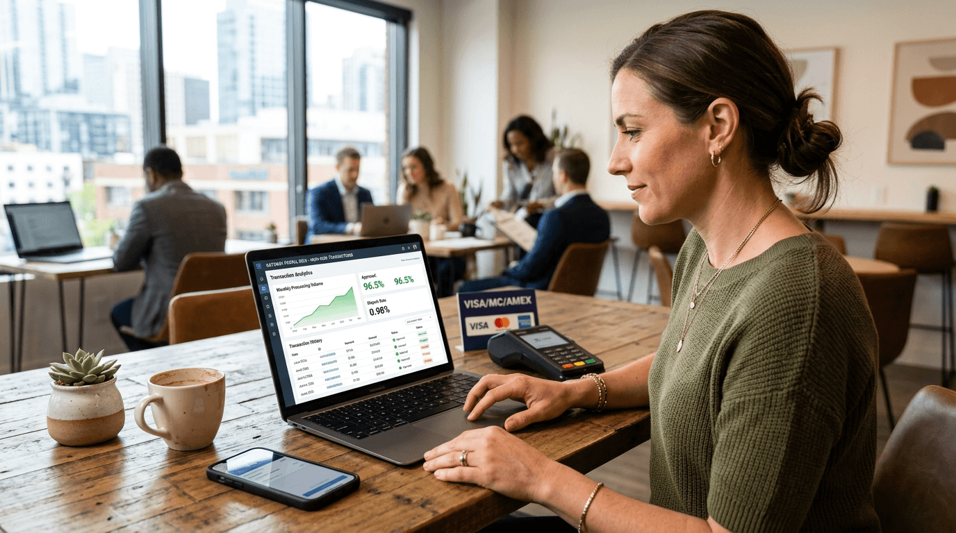 Woman looking at analytics for her payment gateway