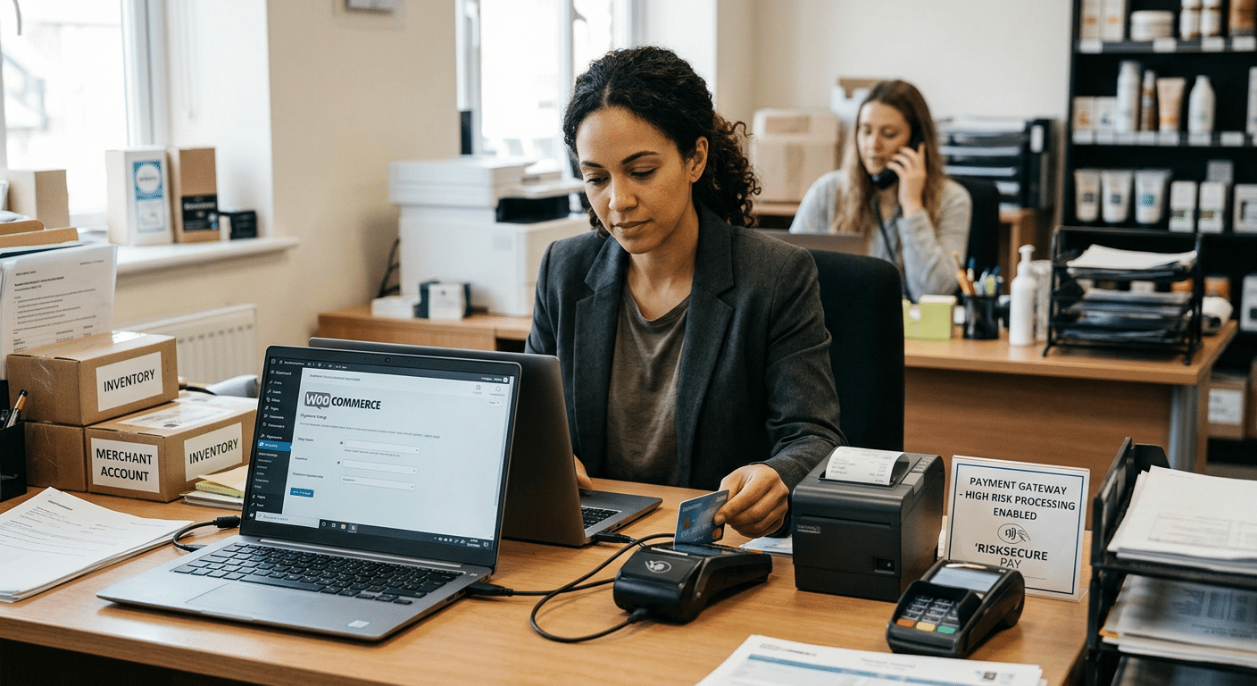 WooCommerce payment processing high-risk business person at desk