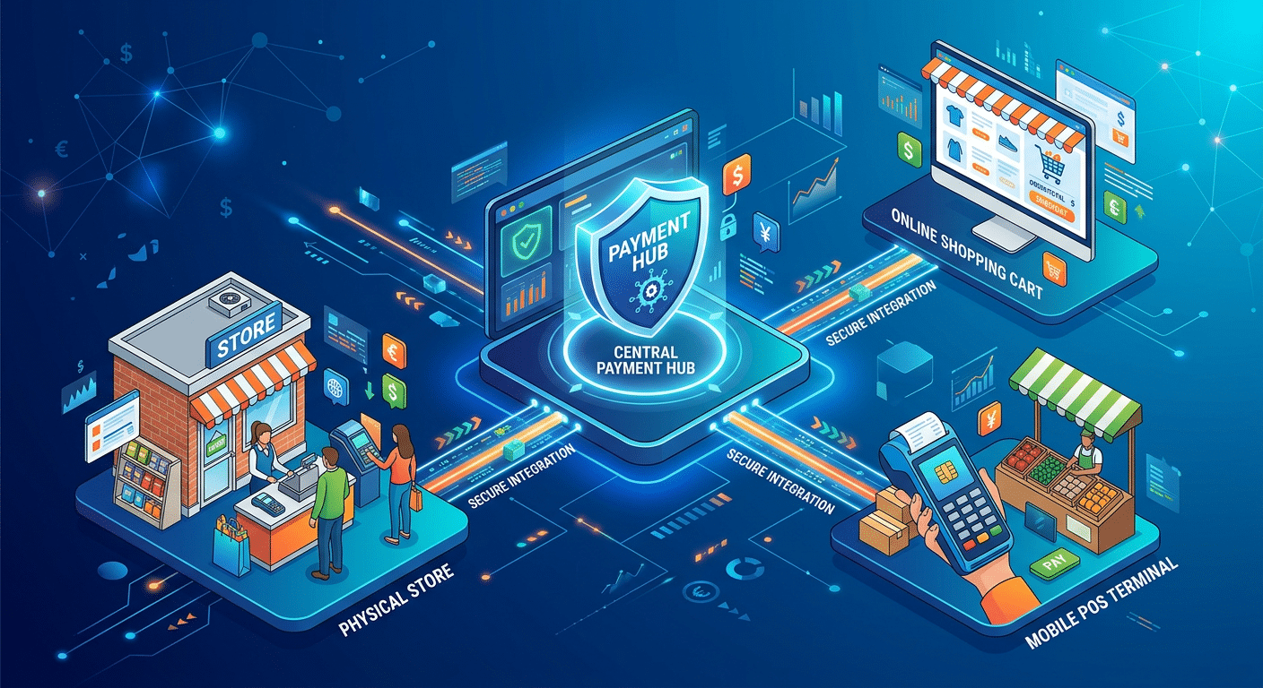 design illustration of a central payment hub connected to icons representing a physical store, online shopping cart, and mobile POS terminal