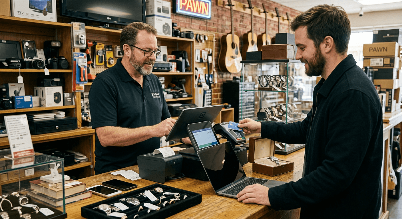 Customer making a payment at the counter of a pawn shop.