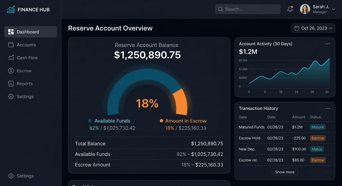 A modern financial dashboard interface showing a reserve account balance graphic with a percentage held in escrow