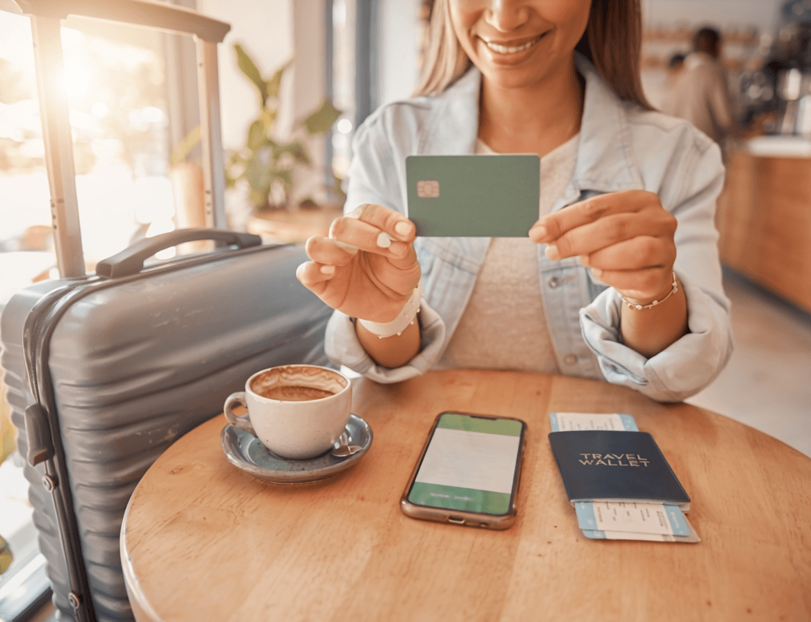 Woman holding credit card who paid for travel arrangements.