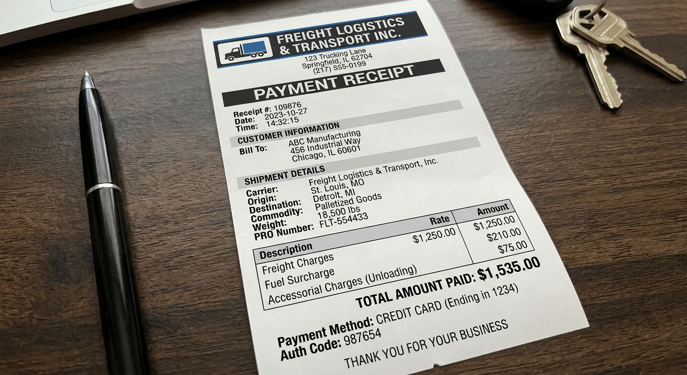 Freight truck payment receipt