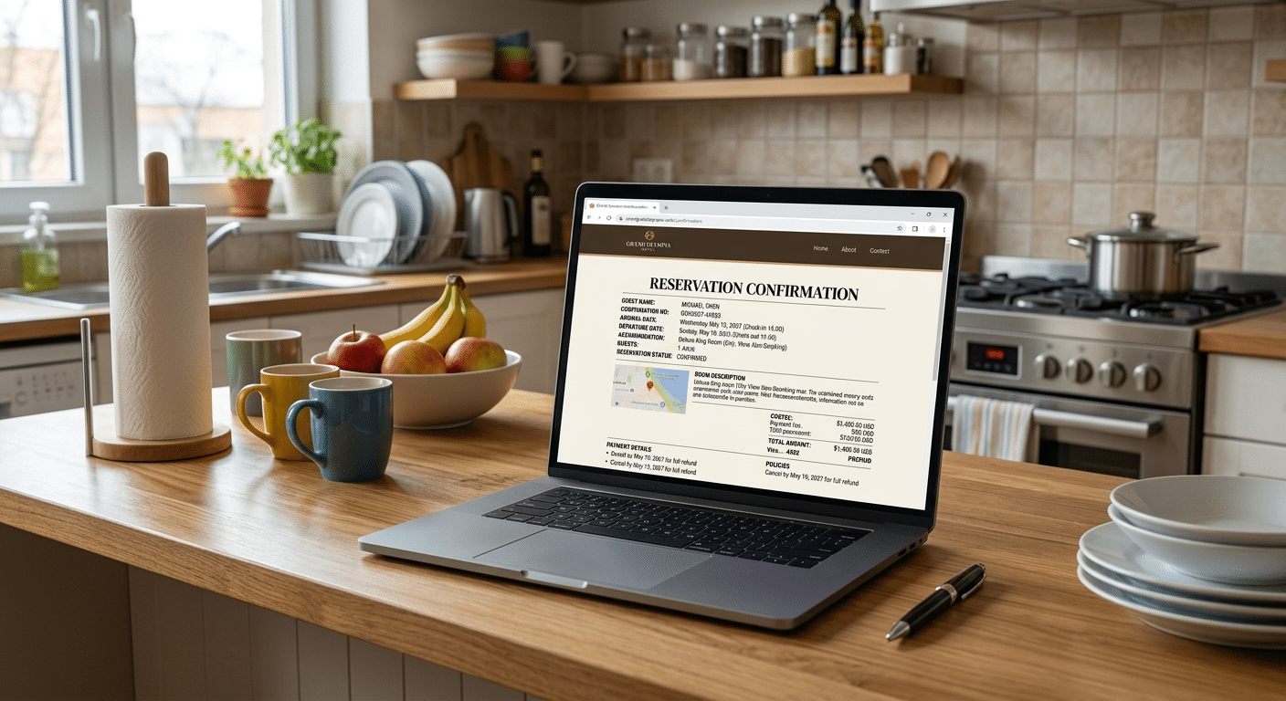 a hotel booking confirmation on a laptop in a kitchen
