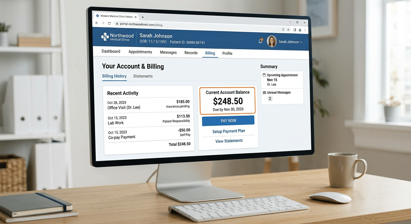 an online patient portal for a clinic showing a balance