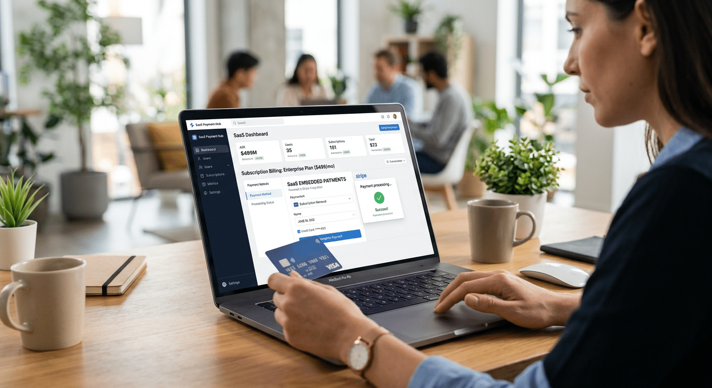a woman looking at embedded payments on a laptop