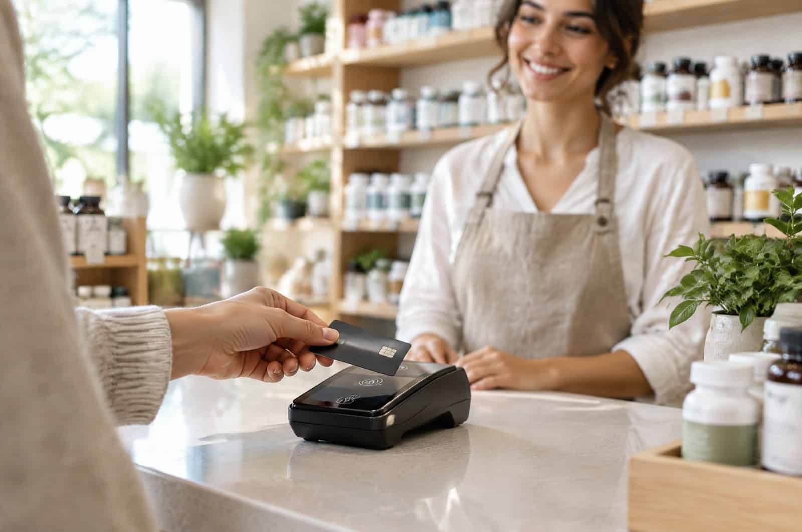 Customer tapping a credit card on a countertop terminal at a supplement store checkout
