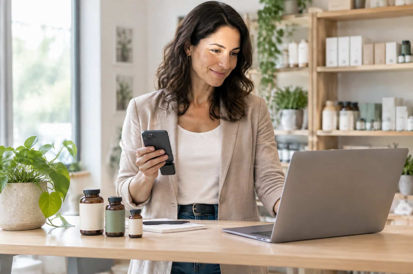 Supplement brand founder at a standing desk holding a phone with a card reader while checking a laptop