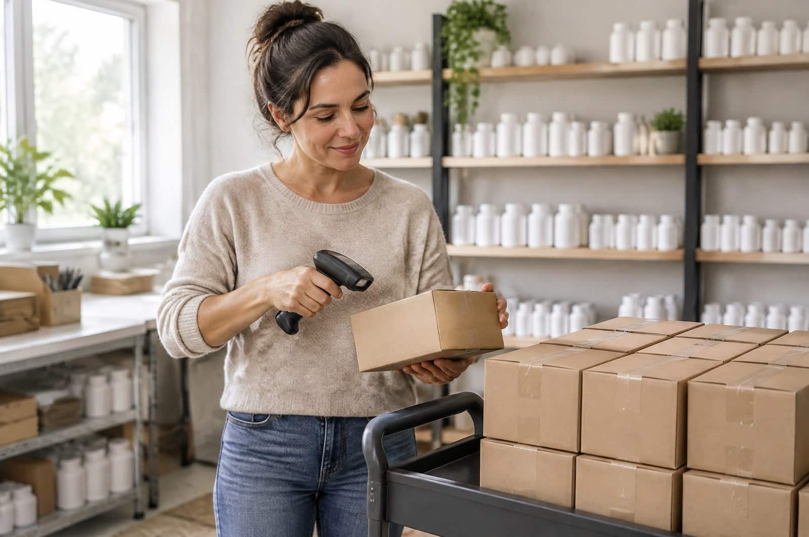Owner of a supplement subscription business scanning monthly auto-ship boxes on a cart in her fulfillment room