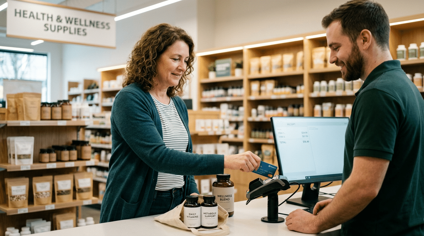 a woman paying for weight loss supplements at a supplement store