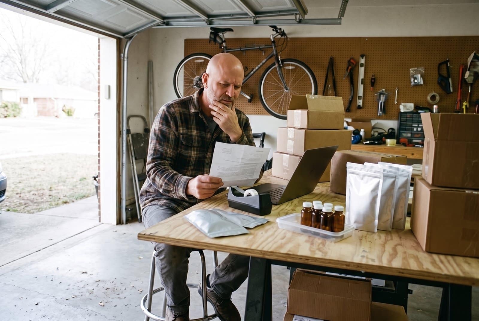 Supplement store owner in his garage fulfillment space reading a letter from his payment processor