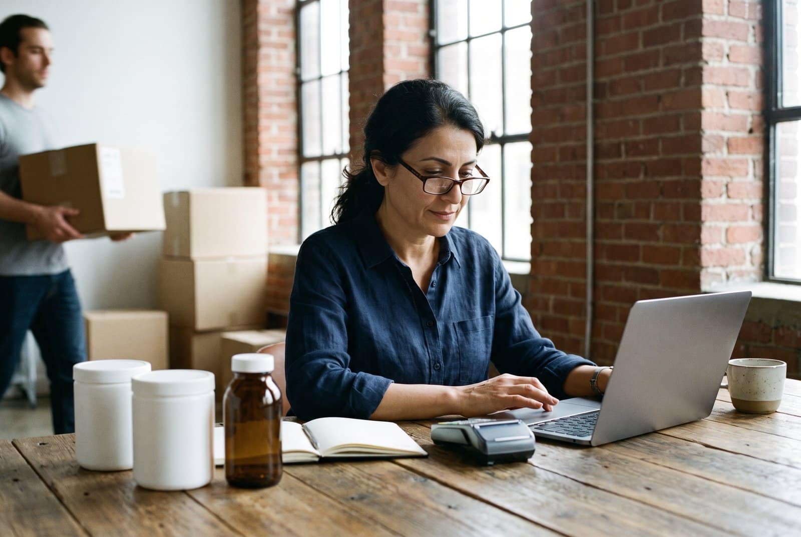 Supplement brand founder reviewing card payments on a laptop beside a card reader and protein powder tubs in a brick loft office