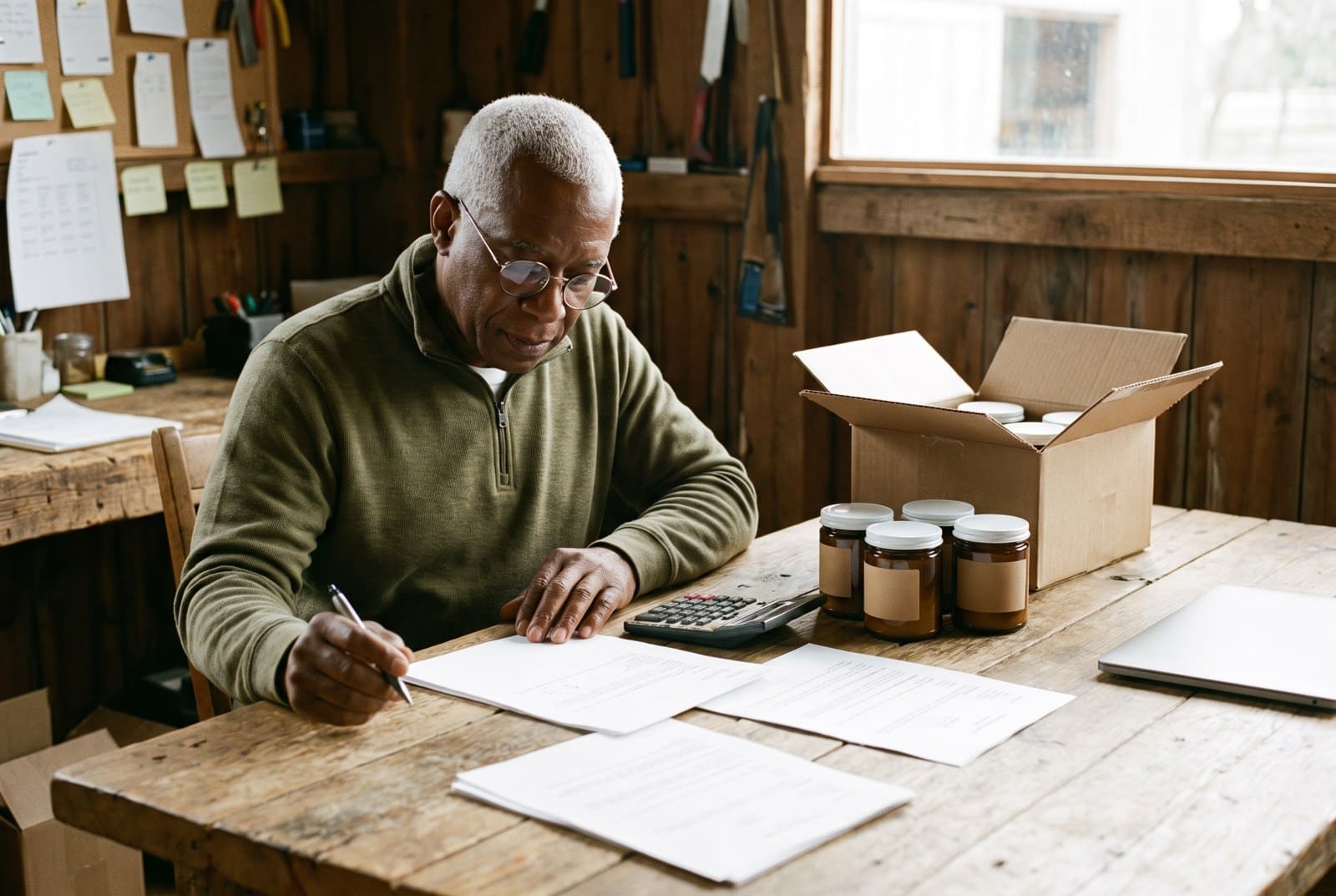 Owner of a small herbal supplement company comparing three printed merchant account offers with a calculator in a converted barn office