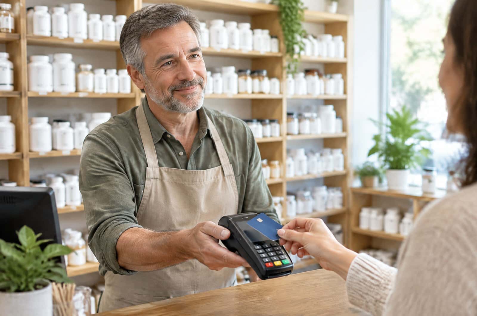 Owner of a vitamin and supplement store taking a contactless card payment on a countertop terminal at the checkout counter